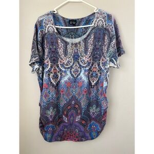 Y2K Simply Emma Women's Short Sleeve Embellished Paisley Top Ruched Plus 1x